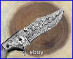 Lot of 10 pcs 7.5 Damascus Steel Horn Handle Folding Knife Free Sheaths