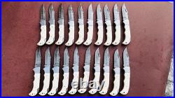 Lot of 100 Damascus Pocket Knives with Handmade Leather Sheaths Wholesale
