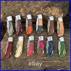 Lot of 12 Pcs Handmade Damascus Steel Folding Knives, Pocket Knives With Sheaths