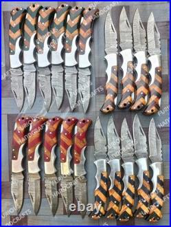 Lot of 20 PCS Handmade Damascus Steel Back Lock Folding Pocket knife with pouch