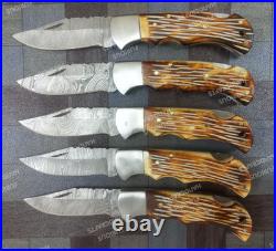 Lot of 20 PCS Handmade Damascus Steel Back Lock Folding Pocket knife with pouch