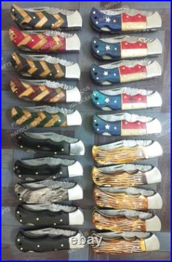 Lot of 20 PCS Handmade Damascus Steel Back Lock Folding Pocket knife with pouch