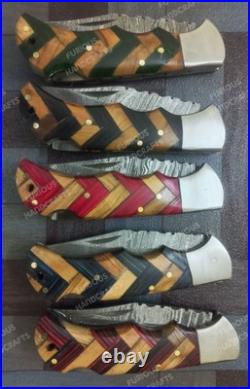 Lot of 20 PCS Handmade Damascus Steel Back Lock Folding Pocket knife with pouch