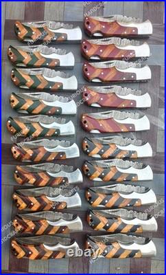 Lot of 20 PCS Handmade Damascus Steel Back Lock Folding Pocket knife with pouch