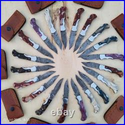Lot of 20 Pcs Handmade Damascus Steel Folding Knives, Pocket Knives With Sheaths