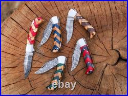Lot of 20 Pcs Handmade Damascus Steel Folding Knives, Pocket Knives With Sheaths