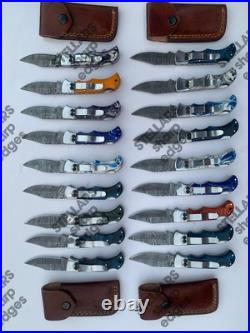 Lot of 20 custom handmade Damascus steel folding pocket knives