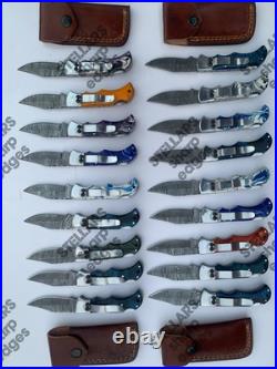 Lot of 20 custom handmade Damascus steel folding pocket knives