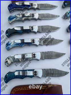 Lot of 20 custom handmade Damascus steel folding pocket knives