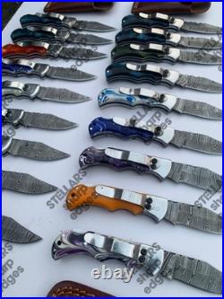 Lot of 20 custom handmade Damascus steel folding pocket knives