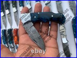 Lot of 20 custom handmade Damascus steel folding pocket knives