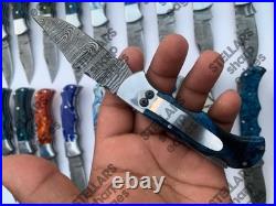 Lot of 20 custom handmade Damascus steel folding pocket knives