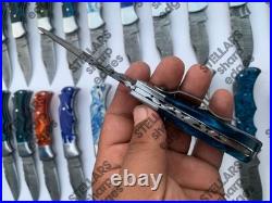 Lot of 20 custom handmade Damascus steel folding pocket knives