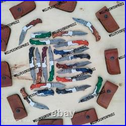 Lot of 20 pcs Handmade Damascus Steel Folding Pocket Knives Mixed Wood Handles