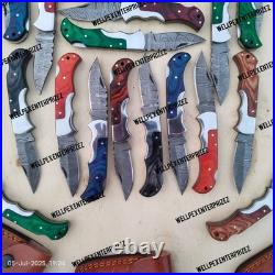 Lot of 20 pcs Handmade Damascus Steel Folding Pocket Knives Mixed Wood Handles