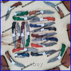 Lot of 20 pcs Handmade Damascus Steel Folding Pocket Knives Mixed Wood Handles