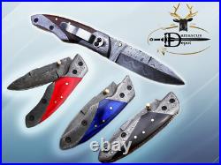 Lot of 4 pieces Damascus steel folding knife with pocket clip, 4 colors, Sheath