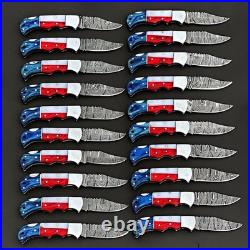 Lot of 40 Pcs Handmade Damascus Steel Folding Knives, Pocket Knives With Sheaths