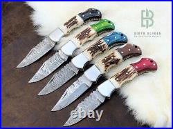 Lot of 5 Damascus Folding Knife, Engraved Pocket Knife Stag Horn and wood handle