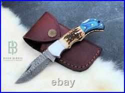 Lot of 5 Damascus Folding Knife, Engraved Pocket Knife Stag Horn and wood handle