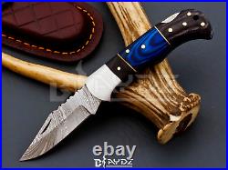 Lot of 5 Damascus Steel Handmade Folding Pocket Knife Wood Handle Leather Sheath