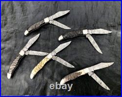 Lot of 5 Double Blade Custom Handmade Damascus Steel folding knife with sheath