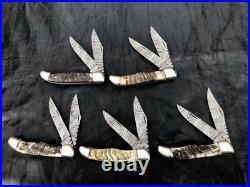 Lot of 5 Double Blade Custom Handmade Damascus Steel folding knife with sheath