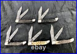 Lot of 5 Double Blade Custom Handmade Damascus Steel folding knife with sheath