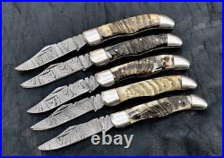 Lot of 5 Double Blade Custom Handmade Damascus Steel folding knife with sheath