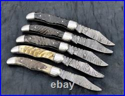 Lot of 5 Double Blade Custom Handmade Damascus Steel folding knife with sheath
