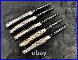 Lot of 5 Double Blade Custom Handmade Damascus Steel folding knife with sheath
