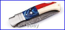 Lot of 5 HANDMADE DAMASCUS STEEL BLADE TEXAS FLAG FOLDING POCKET FOLDING KNIFE