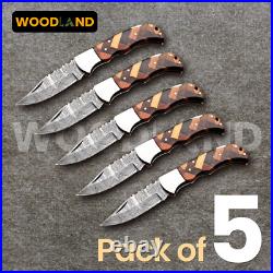 Lot of 5 PCS Damascus Steel Folding Knife Black and Brown Unique Pattern Handle