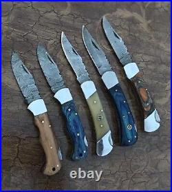 Lot of 5 piece Custom Hand Made Damascus Steel Blade Folding Pocket knife. 005