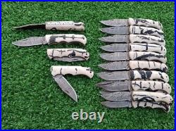 Lot of 50 Custom HandMade Damascus Steel Folding Blade Survival Pocket Knife