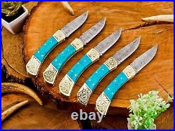 Lot of 5CUSTOM HANDMADE FORGED DAMASCUS STEEL FOLDING BLADE POCKET CAMPING Knife