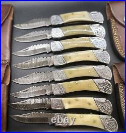Lot of 8 HAND FORGED DAMASCUS Steel Folding Lock back Pocket Knife with Sheath