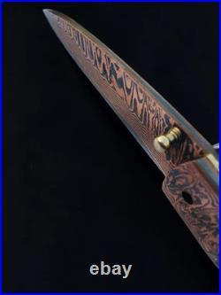 Luxury Copper Damascus Folding Knife-Handmade Cu Mai Pocket Knife, Razor Sharp