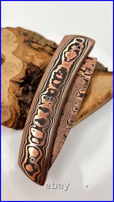 Luxury Copper Damascus Folding Knife Handmade Custom Display & Collector Piece