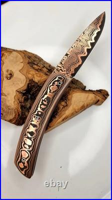 Luxury Copper Damascus Folding Knife Handmade Custom Display & Collector Piece