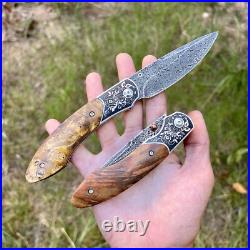 Luxury Damascus Steel Folding Knife Stabilized Wood Custom Pocket Knife