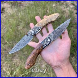Luxury Damascus Steel Folding Knife Stabilized Wood Custom Pocket Knife