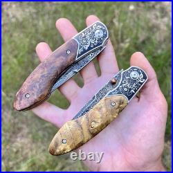 Luxury Damascus Steel Folding Knife Stabilized Wood Custom Pocket Knife