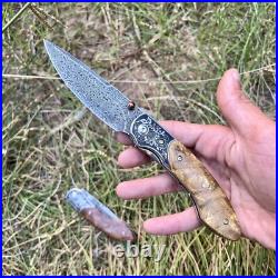 Luxury Damascus Steel Folding Knife Stabilized Wood Custom Pocket Knife