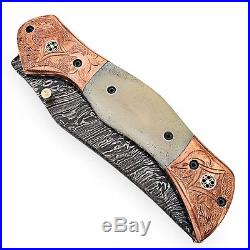 Magnum Rancher Damascus Folding Knife Engraved Copper Bolster Camel Bone Grip
