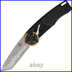 Mantis Gearhead Folding Pocket Knife Black Aluminum Damascus Tanto