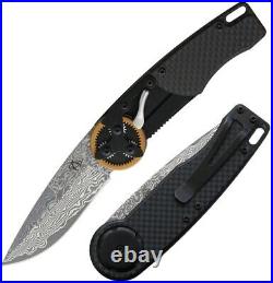 Mantis Gearhead Linerlock Folding Knife Damascus Steel Blade Carbon Fiber Handle