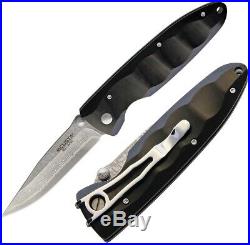 Mcusta Linerlock Folding Knife 3.25 Damascus Steel Blade Black Pakkawood Handle