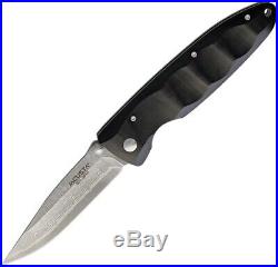 Mcusta Linerlock Folding Knife 3.25 Damascus Steel Blade Black Pakkawood Handle