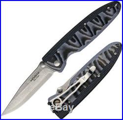 Mcusta Linerlock Folding Knife 3.25 Damascus Steel Blade Blue Micarta Handle